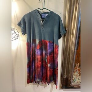 OOAK Upcycled 90s waffle top rayon leaves skirt Colorful Button-Up Dress